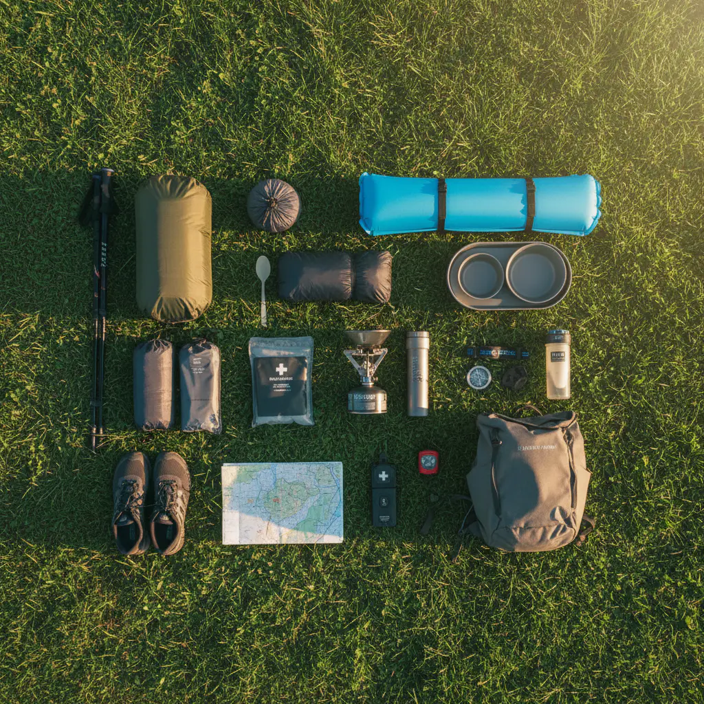 Colección de equipamiento de camping ligero dispuesto en el césped