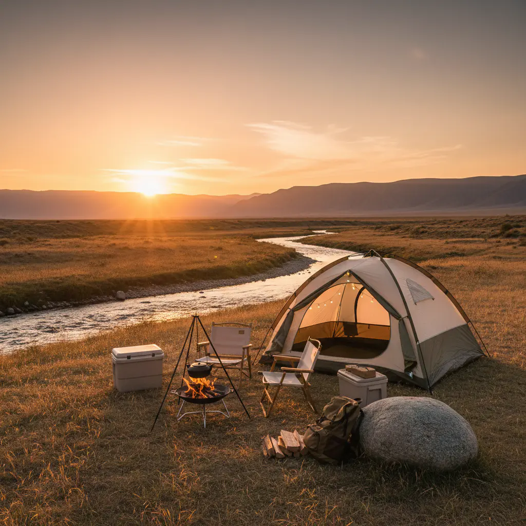 Campamento al atardecer con luz cálida y equipo portátil