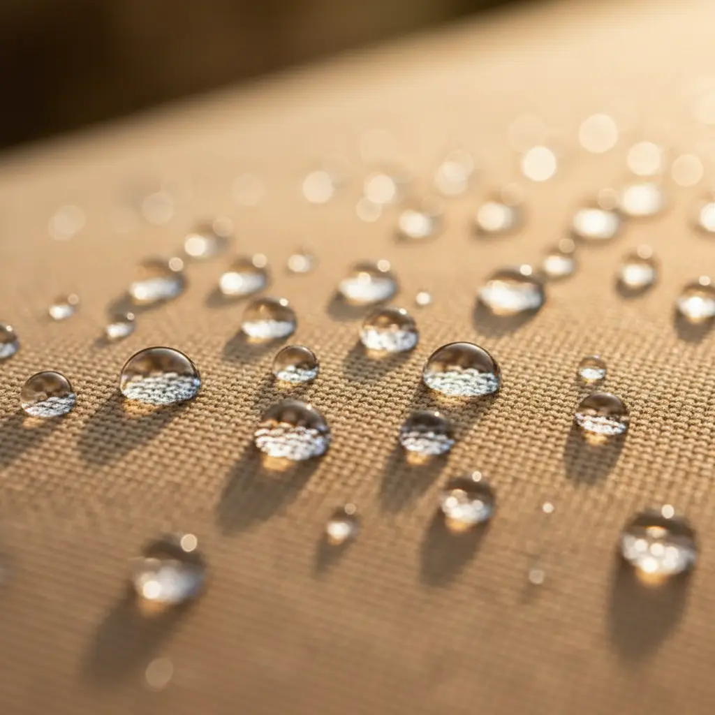 Gotas de agua en tela impermeable
